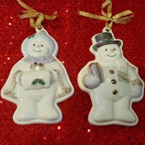 PAIR ~ LENOX Mr. & Mrs. Snowmen Cookie Molds Ornaments Hand Painted W/24k Gold